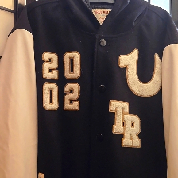 True Religion Men's Black & White Hooded Varsity Jacket XL - Picture 2 of 8